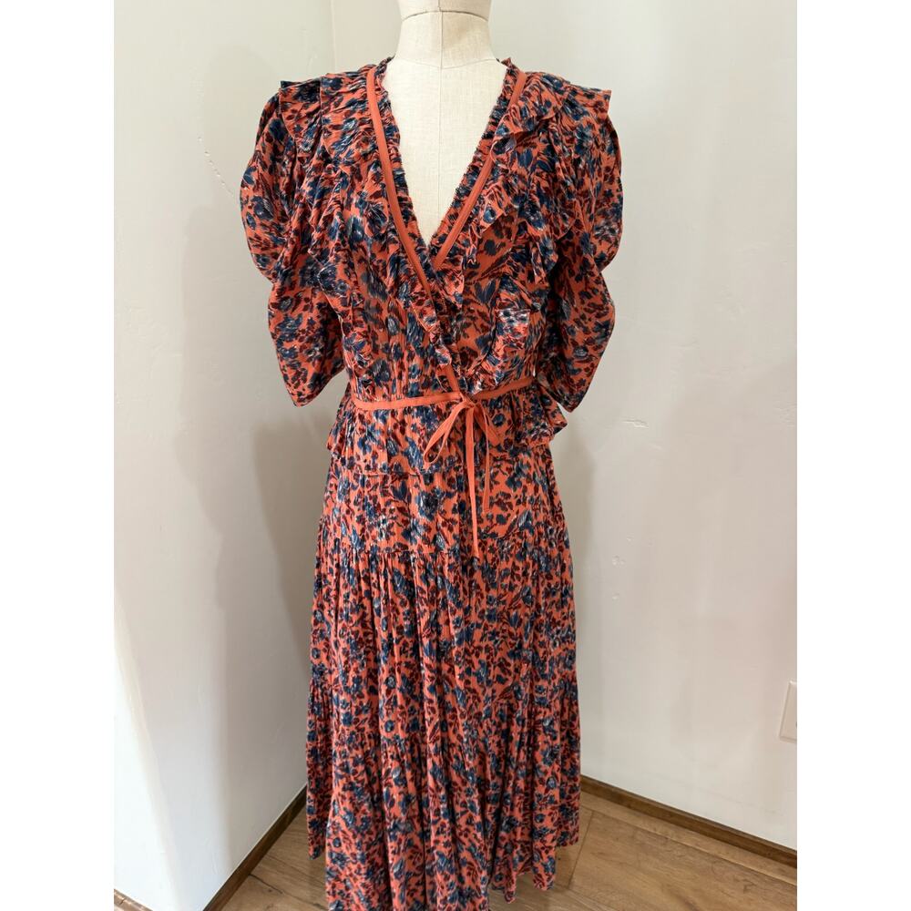Ulla Johnson $445 Women's 4 Lisette Dress Orange Blue Cotton Floral Ruffle Maxi